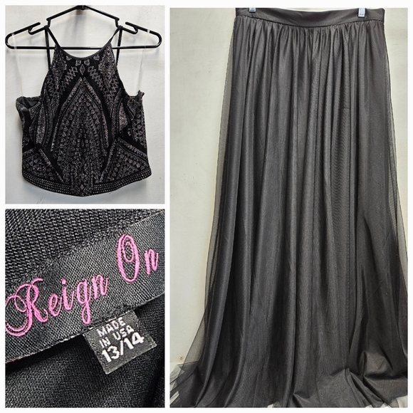 Reign On 2 piece black shiny sparkle prom dress womens 13/14 vintage 00s Y2K - Picture 1 of 12
